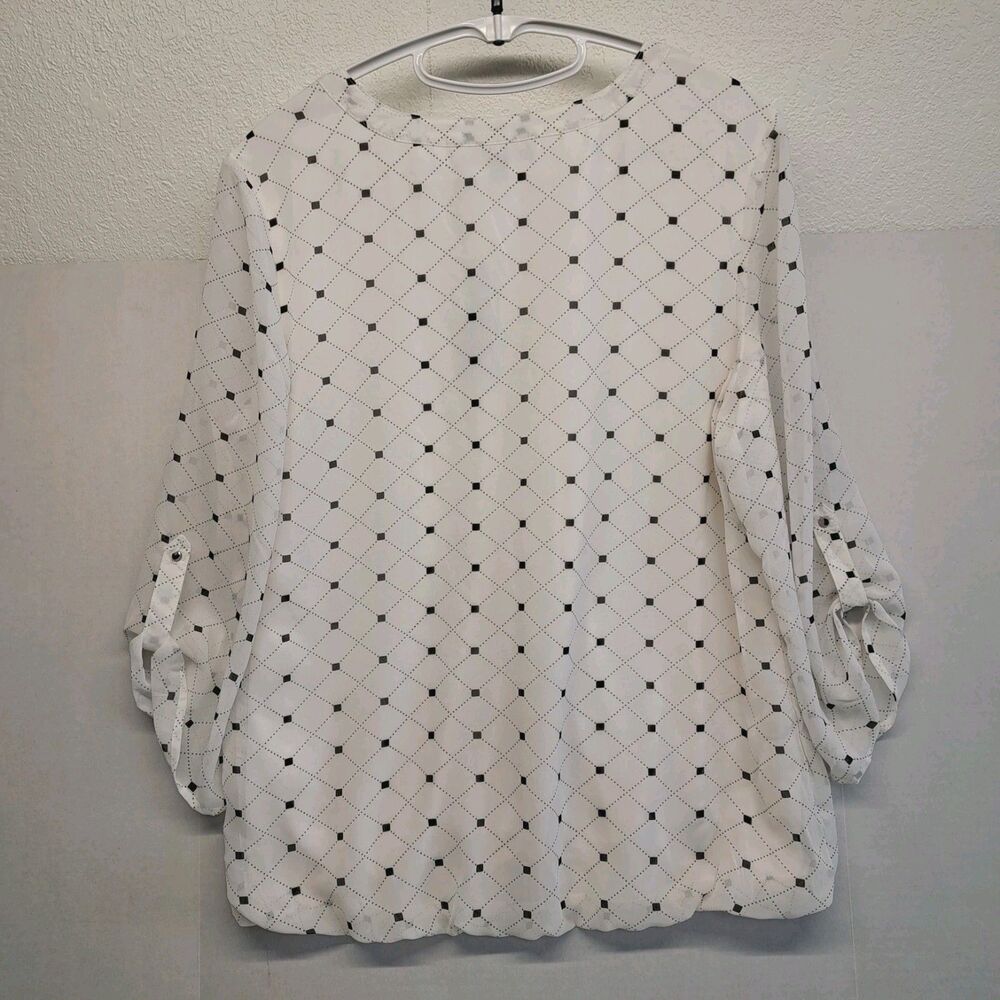 Sara Michelle Women's M Blouse Large White Black 3/4 Sleeve Roll Tab - Picture 2 of 8